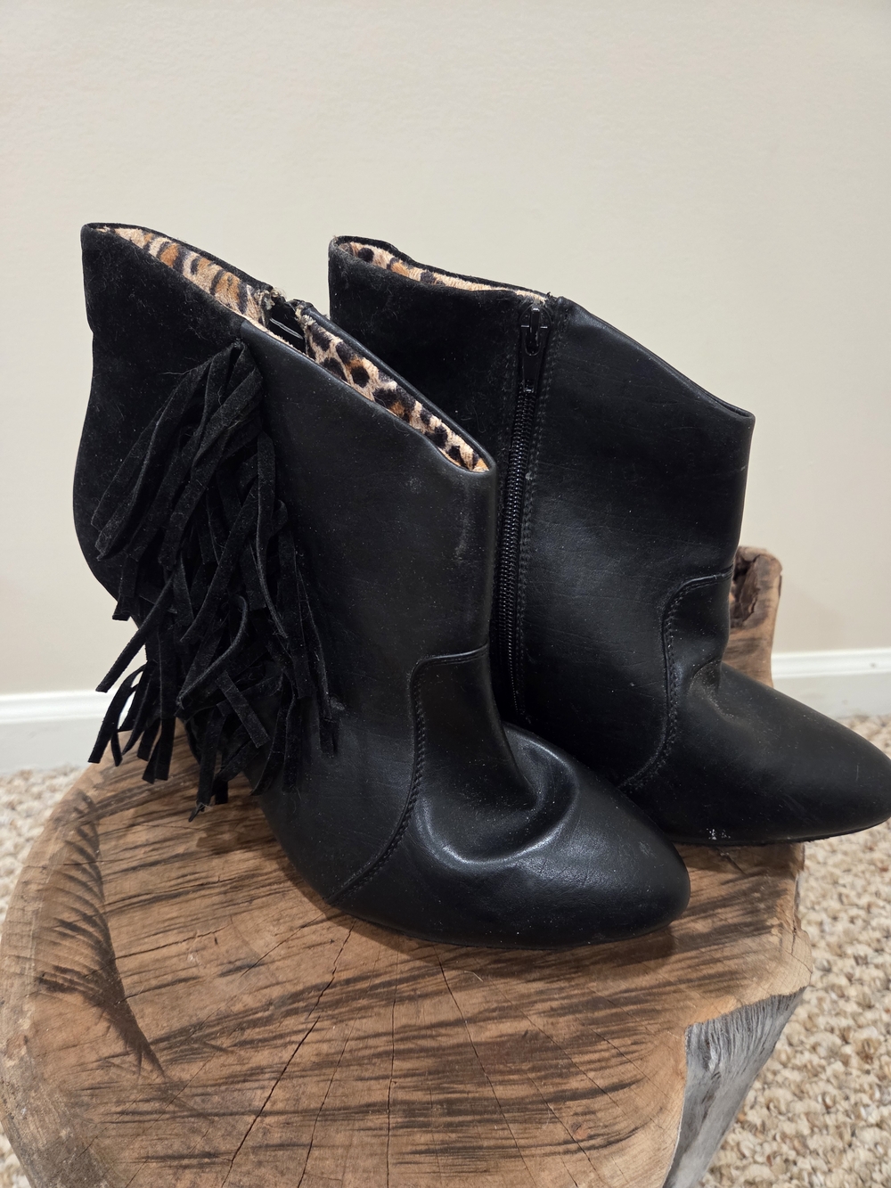 torrid Black Fringe Ankle Boots with Leopard Lining